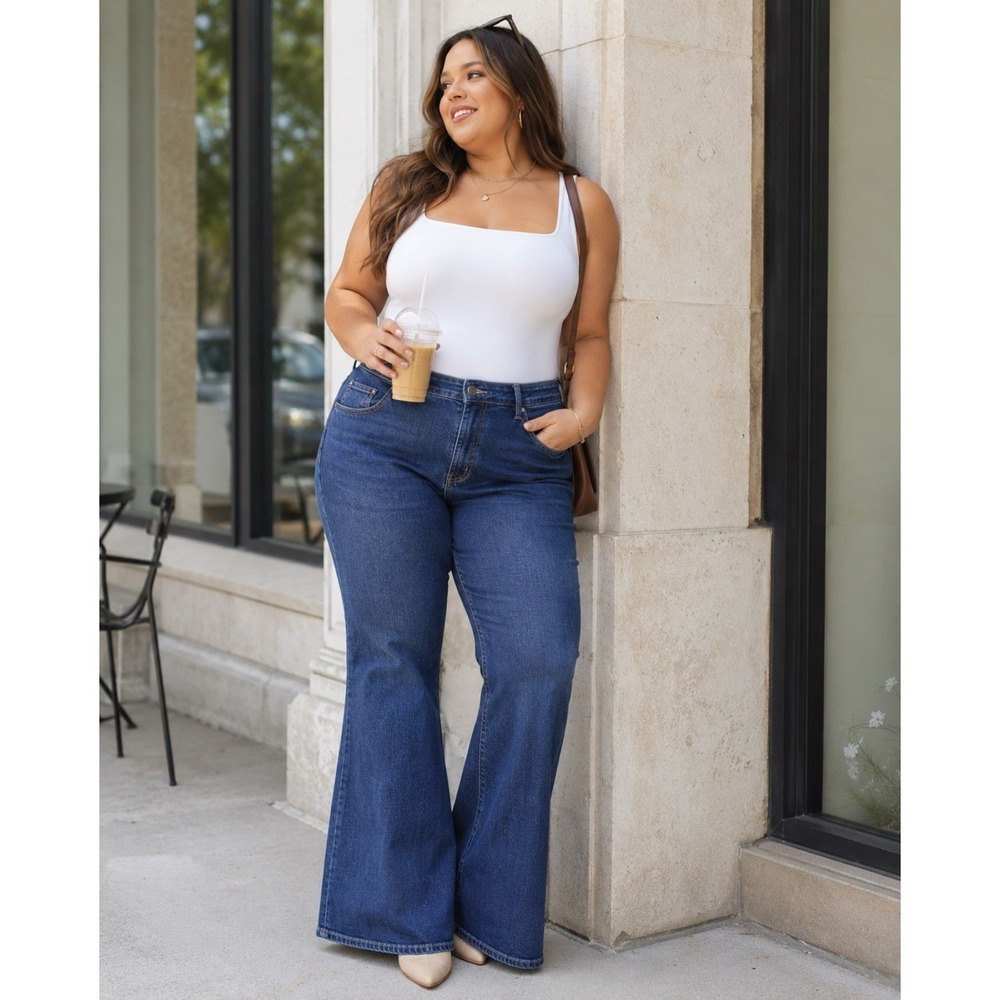 Eloquii‎ Womens Size 18 Flare Jeans Dark Wash Stretch Denim Retro Wide Leg